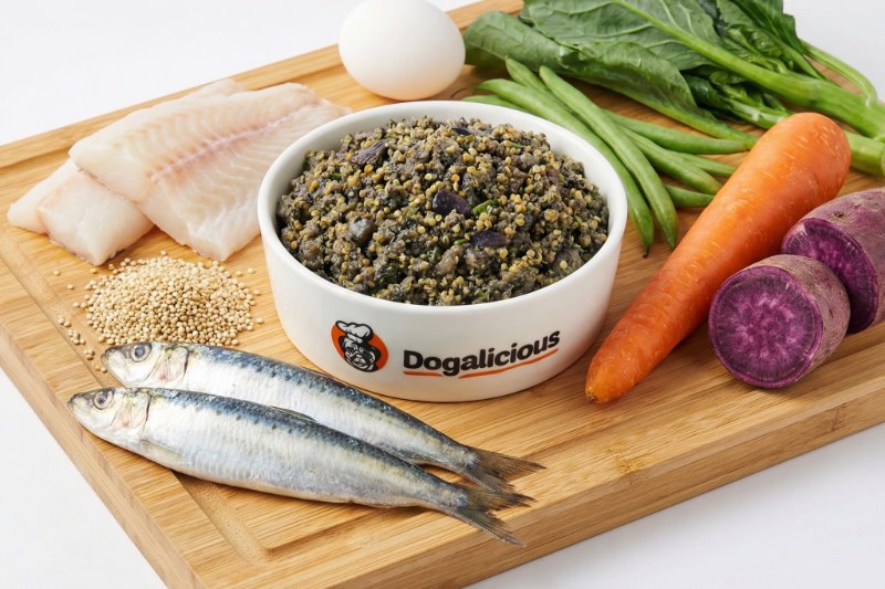 低敏處方鮮食的食材，連同 Dogalicious 狗碗盛着的成品