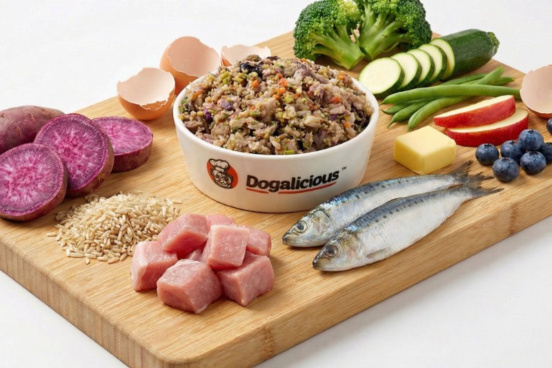 腎臟護理處方鮮食的食材，連同 Dogalicious 狗碗盛着的成品