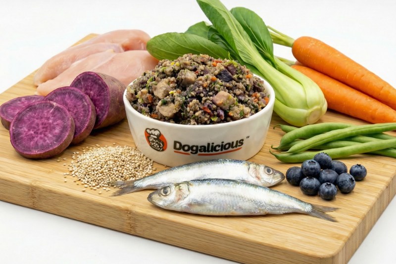 胰臟護理處方鮮食的食材，連同 Dogalicious 狗碗盛着的成品