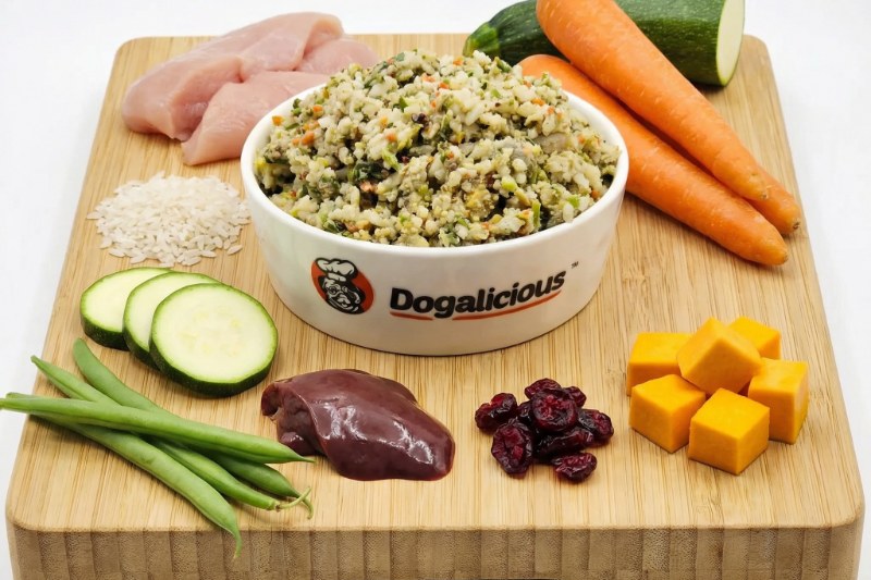尿結石護理處方鮮食的食材，連同 Dogalicious 狗碗盛着的成品