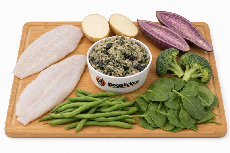 體重管理處方鮮食的食材：白肉魚、馬鈴薯、紫薯、西蘭花、青豆與菠菜