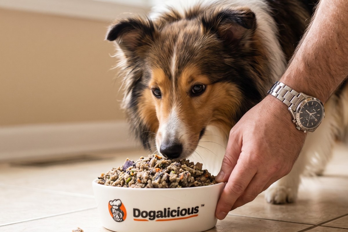 狗主將一碗 Dogalicious 專屬鮮食放到狗狗面前