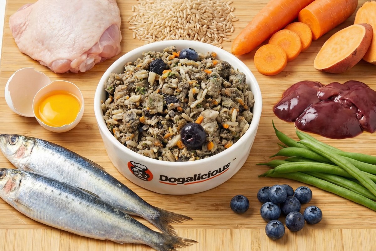 真材實料的食材：走地雞、糙米、雞蛋、沙丁魚、雞肝、甘筍、番薯、青豆與藍莓，中央是 Dogalicious 狗碗盛着的成品