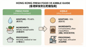 香港鮮食乾糧比較指南總結鮮食與乾糧優缺點。Infographic summary for Hong Kong Fresh Food vs Kibble Guide.