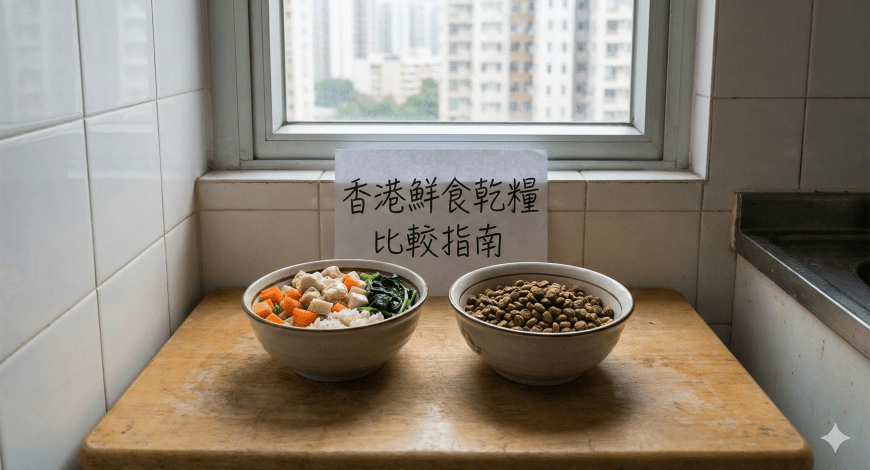 Comparison photo for Hong Kong Fresh Food vs Kibble Guide. 香港鮮食乾糧比較指南展示鮮食與乾糧的對比。