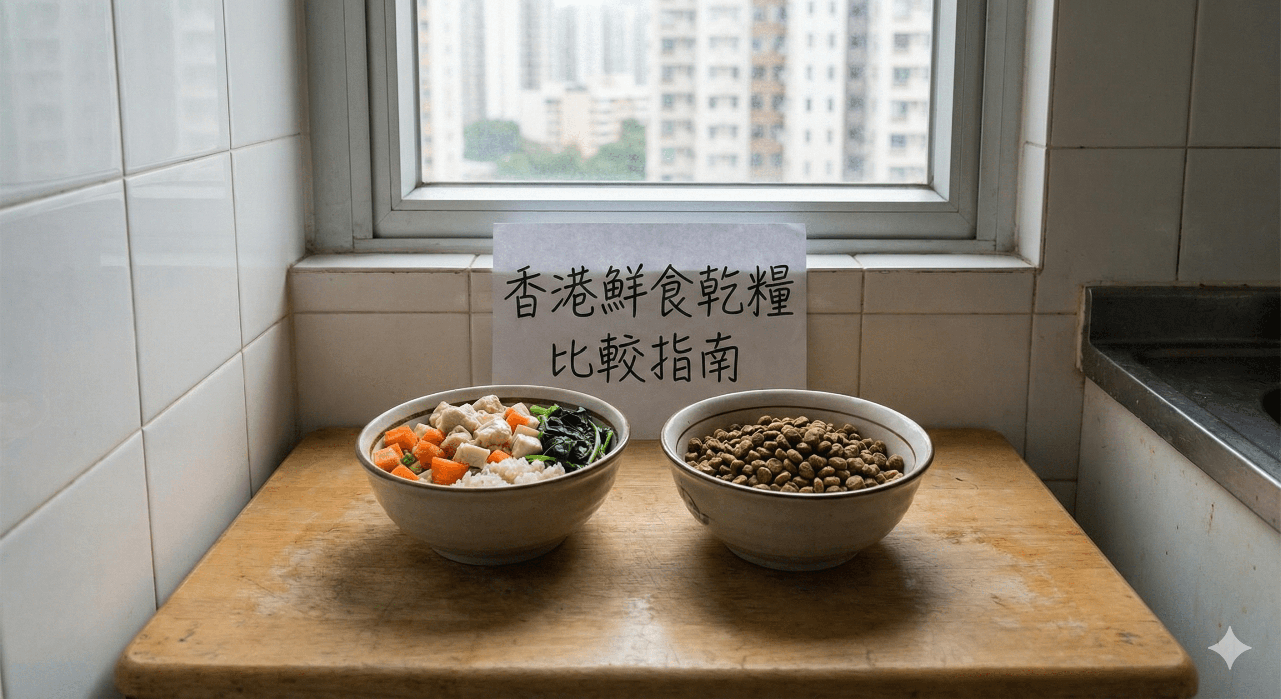 Comparison photo for Hong Kong Fresh Food vs Kibble Guide. 香港鮮食乾糧比較指南展示鮮食與乾糧的對比。