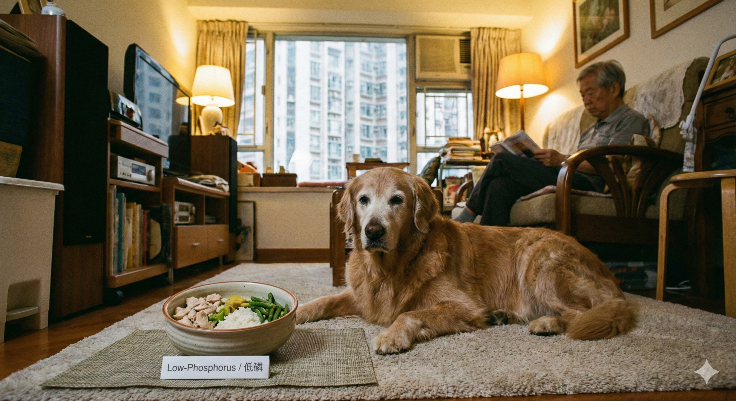 老狗腎臟病飲食指南低磷鮮食示意圖。Senior Dog Kidney Diet Guide low-phosphorus bowl.