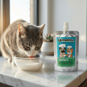 Cat drinking from bowl beside collagen broth