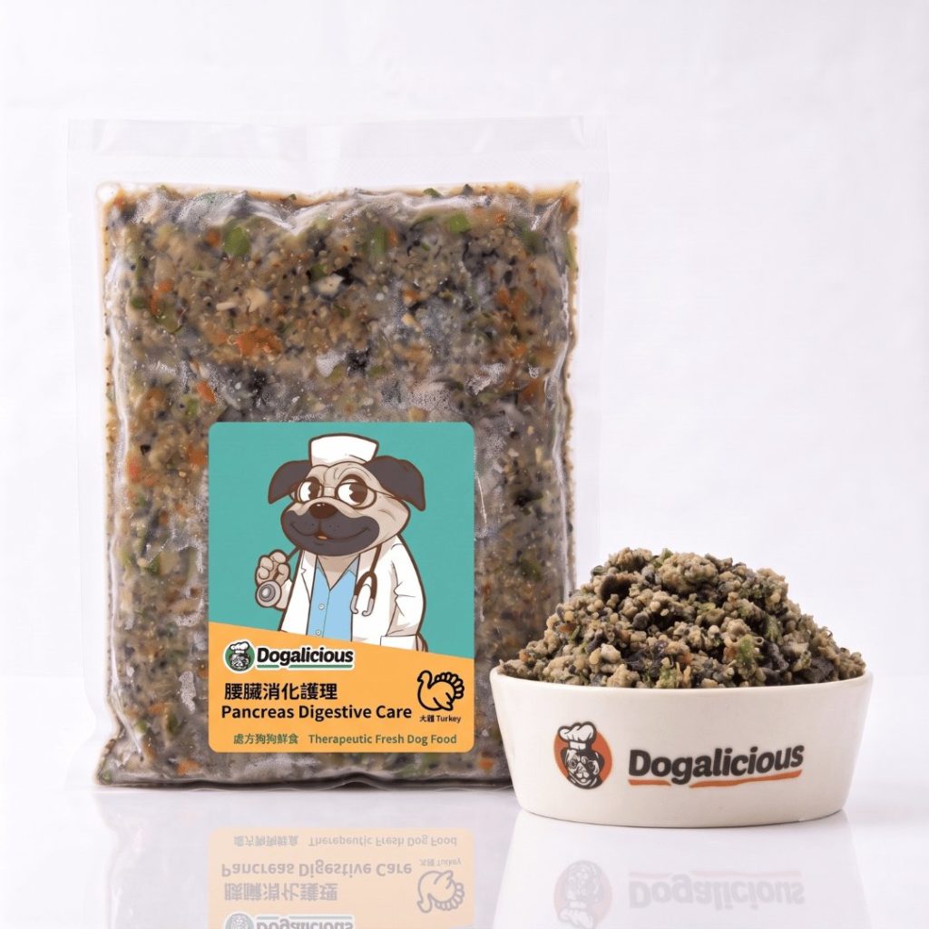 Pancreas Digestive Care (Turkey) Therapeutic Fresh Dog Food — retail pack with a serving bowl