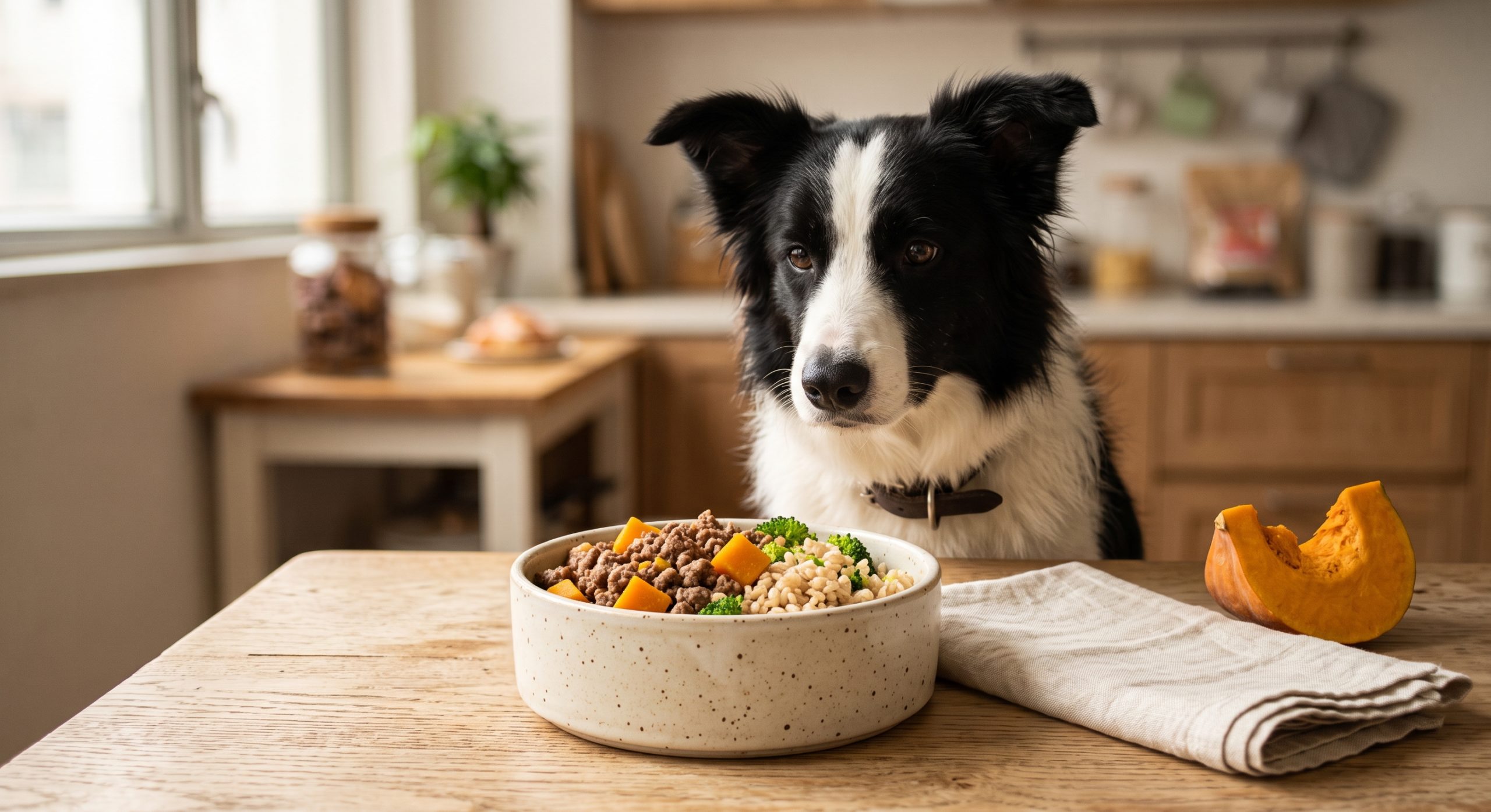 牛肉南瓜糙米狗狗食譜 - beef pumpkin brown rice dog food recipe with a border collie