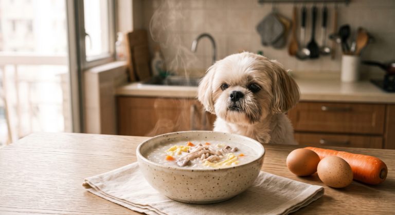 雞肉雞肝紅蘿蔔粥狗狗食譜 - chicken liver carrot congee dog food recipe with a shih tzu