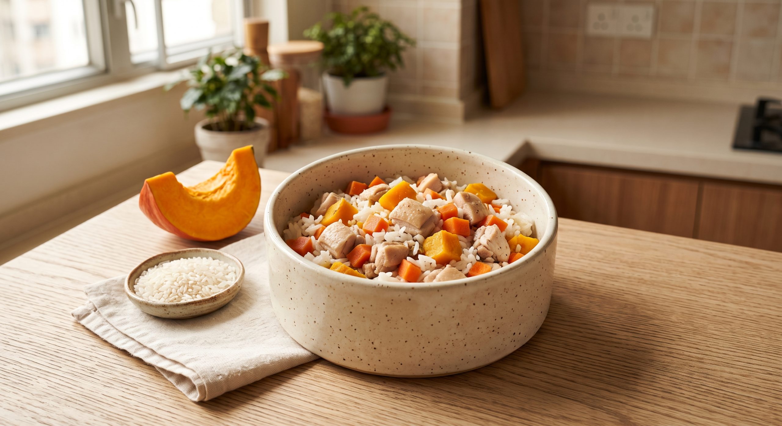 雞肉南瓜飯狗狗食譜 - chicken pumpkin rice dog food recipe in a ceramic bowl with fresh pumpkin
