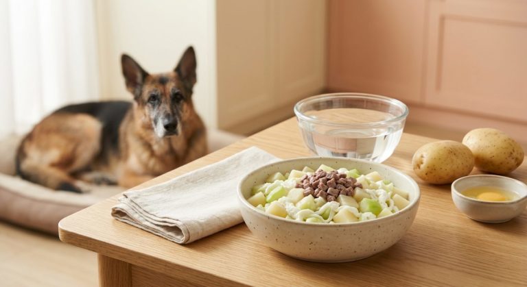 牛冧肉薯仔餐(腎病 3-4 期) - beef and potato (ckd stage 3-4) with an elderly german shepherd
