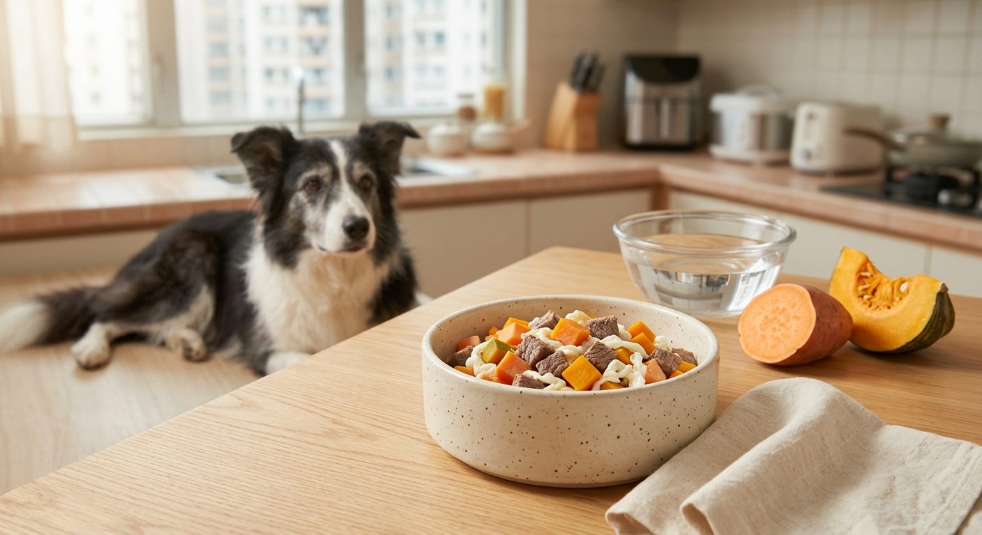 牛冧肉番薯餐(腎病 1-2 期) - beef and sweet potato (ckd stage 1-2) with an senior border collie
