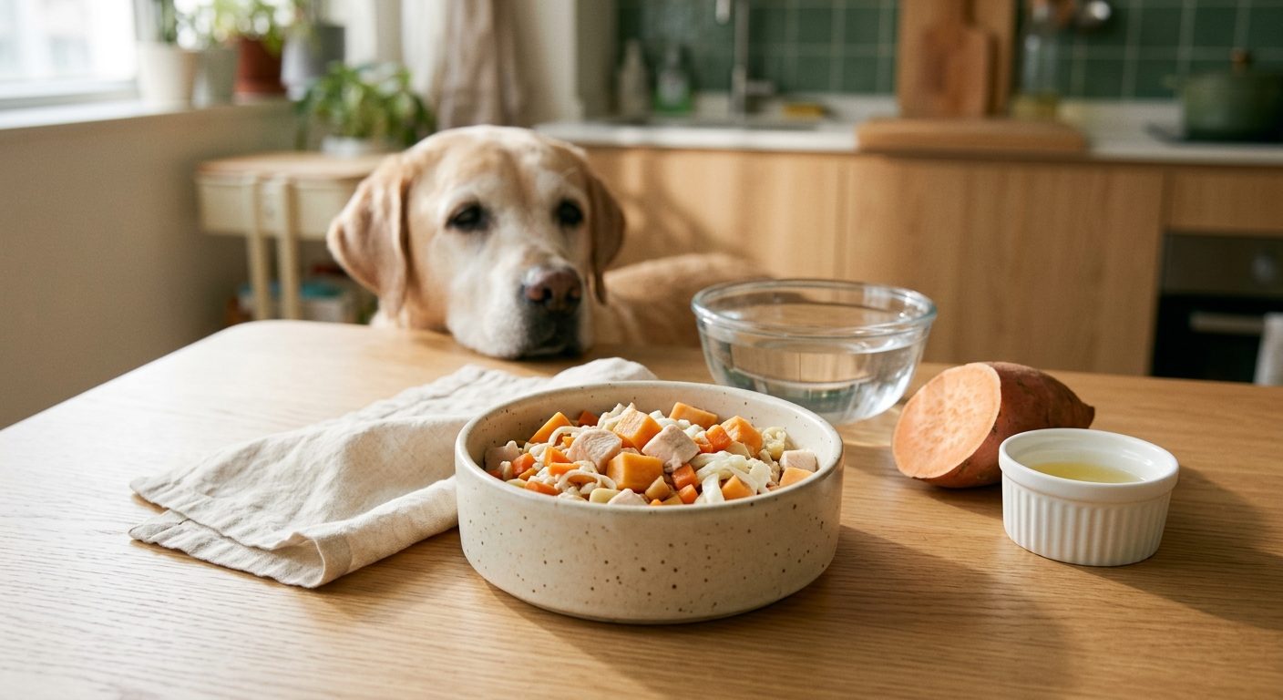 雞胸肉番薯餐(腎病 1-2 期) - chicken and sweet potato (ckd stage 1-2) with an senior labrador