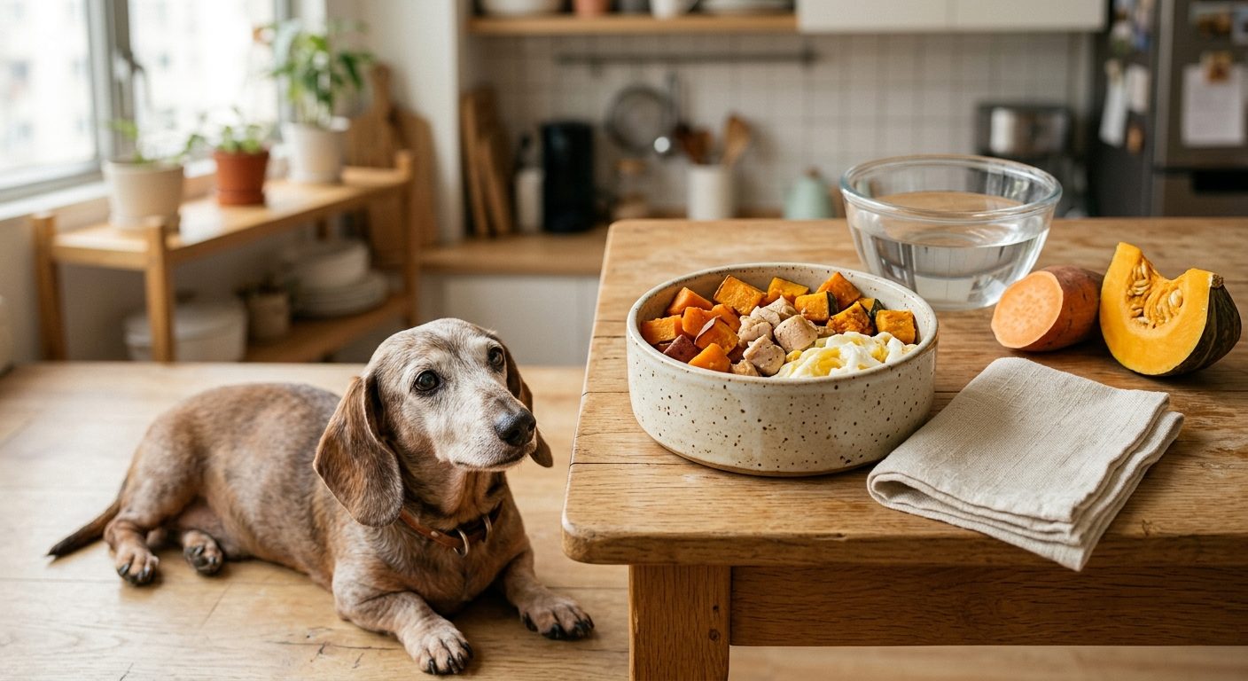 雞髀肉番薯餐(腎病 3-4 期) - chicken thigh and sweet potato (ckd stage 3-4) with an elderly dachshund