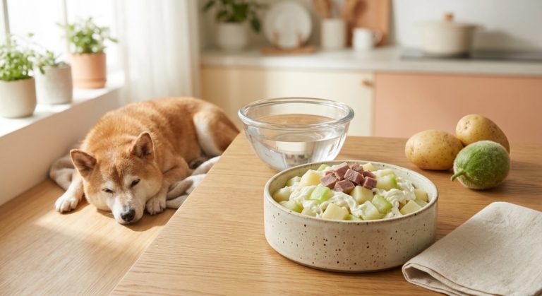 鴨胸薯仔餐(腎病 3-4 期) - duck and potato (ckd stage 3-4) with an elderly shiba inu