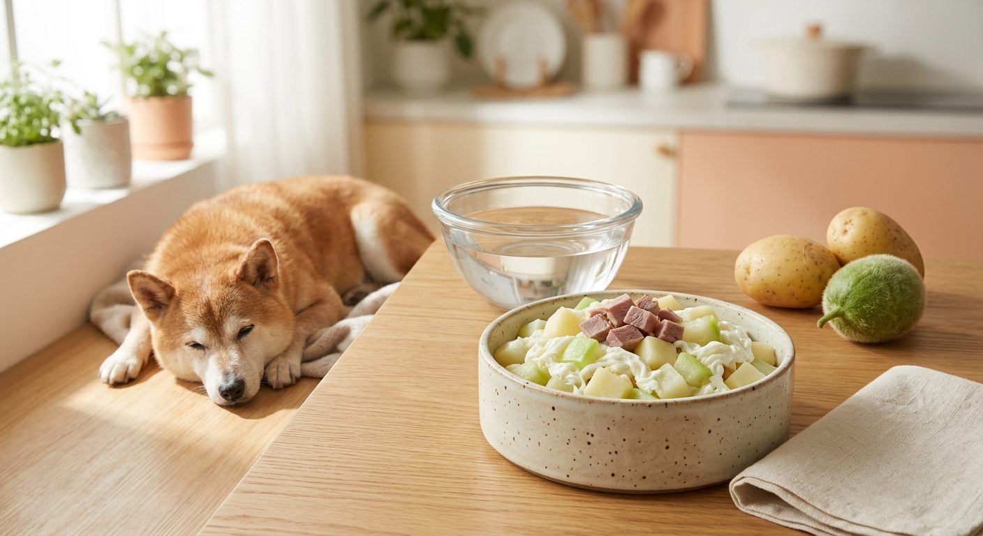 鴨胸薯仔餐（腎病 3-4 期） - duck and potato (ckd stage 3-4) with an elderly shiba inu