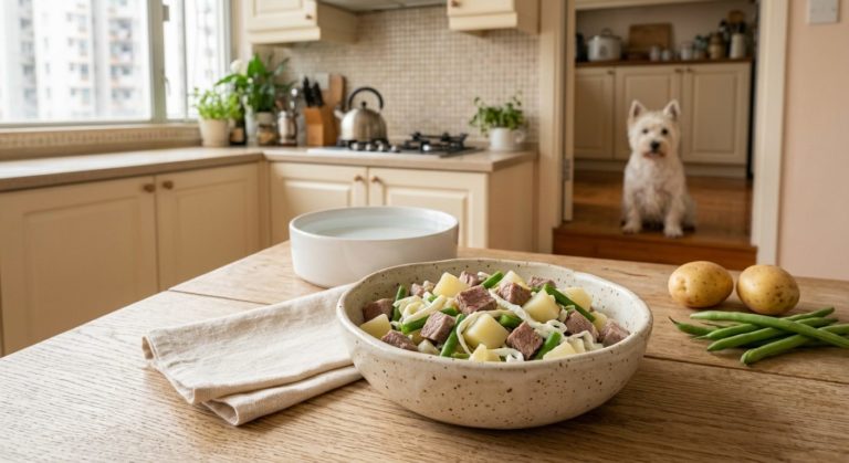 羊腿肉薯仔餐（腎病 1-2 期） - lamb and potato (ckd stage 1-2) with an senior west highland white terrier