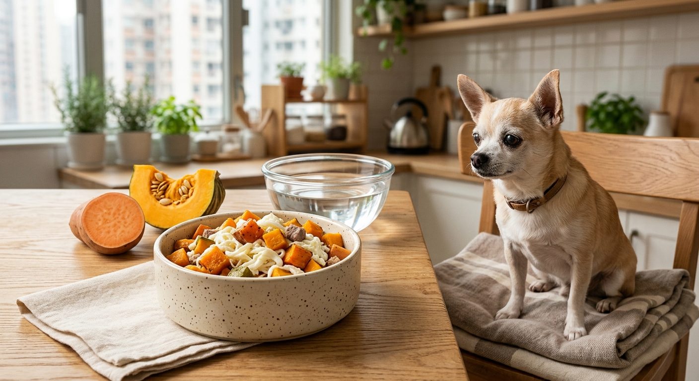 羊腿肉番薯餐（腎病 3-4 期） - lamb and sweet potato (ckd stage 3-4) with an elderly chihuahua