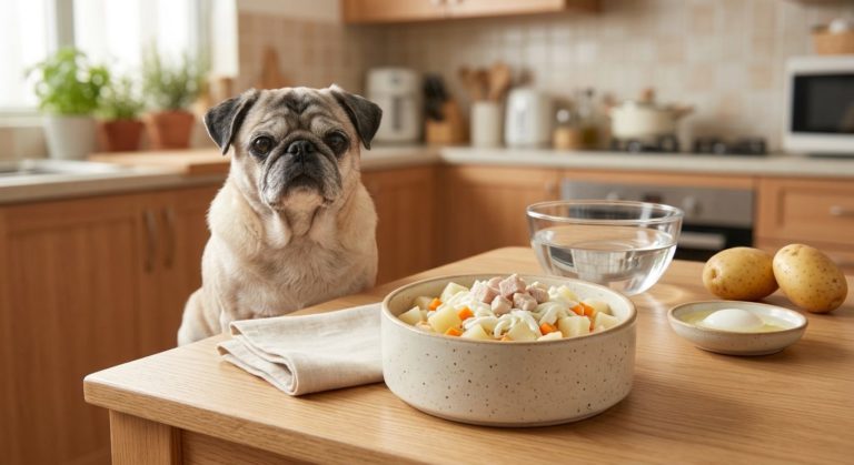 豬柳薯仔餐(腎病 3-4 期) - pork and potato (ckd stage 3-4) with an elderly pug