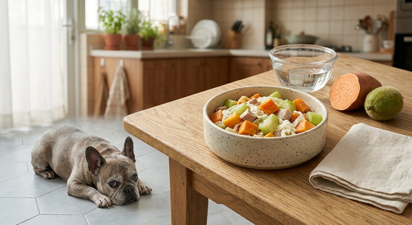 梅頭瘦肉番薯餐(腎病 3-4 期) - pork shoulder and sweet potato (ckd stage 3-4) with an elderly french bulldog