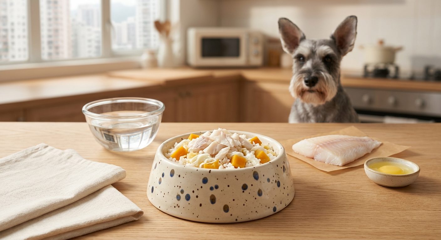 鱸魚白飯餐（腎病 1-2 期） - seabass and rice (ckd stage 1-2) with an miniature schnauzer