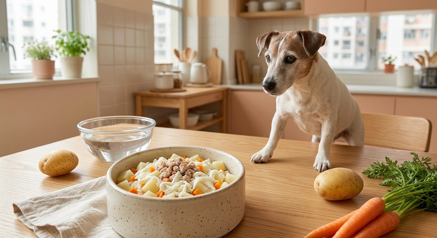 免治火雞薯仔餐(腎病 3-4 期) - turkey and potato (ckd stage 3-4) with an elderly jack russell terrier