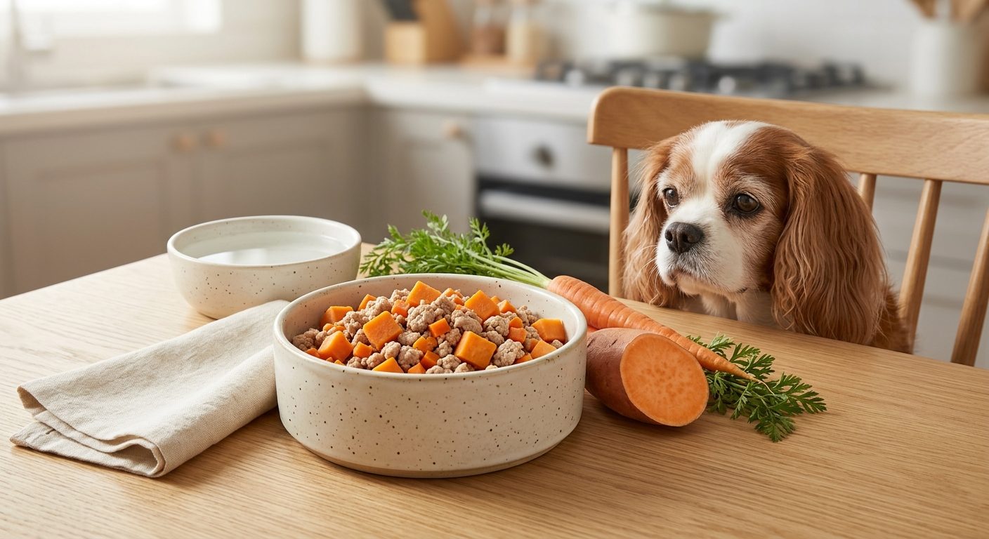免治火雞番薯餐（腎病 1-2 期） - turkey and sweet potato (ckd stage 1-2) with an senior cavalier king charles spaniel