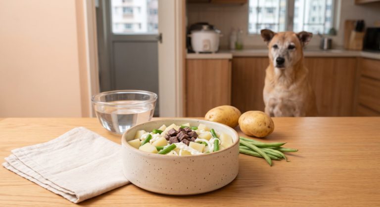 鹿肉薯仔餐(腎病 3-4 期) - venison and potato (ckd stage 3-4) with an elderly Hong Kong village dog