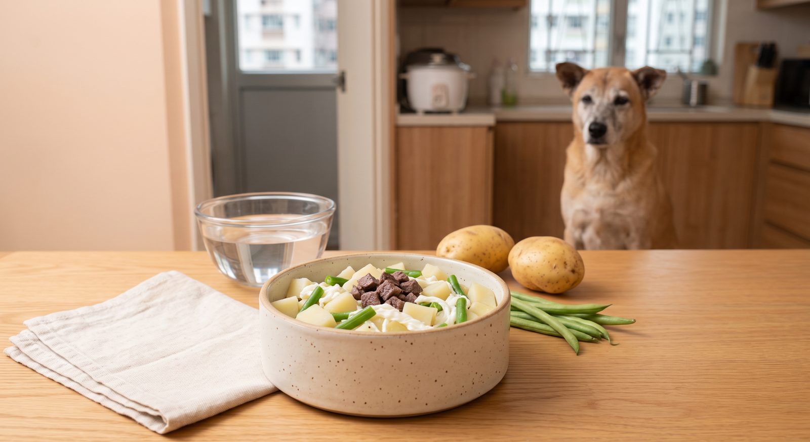 鹿肉薯仔餐(腎病 3-4 期) - venison and potato (ckd stage 3-4) with an elderly Hong Kong village dog