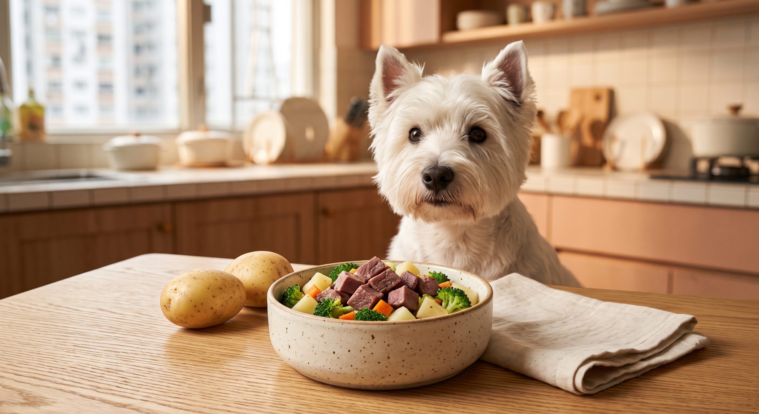 鴨肉薯仔狗狗食譜 - duck potato dog food recipe with a west highland white terrier