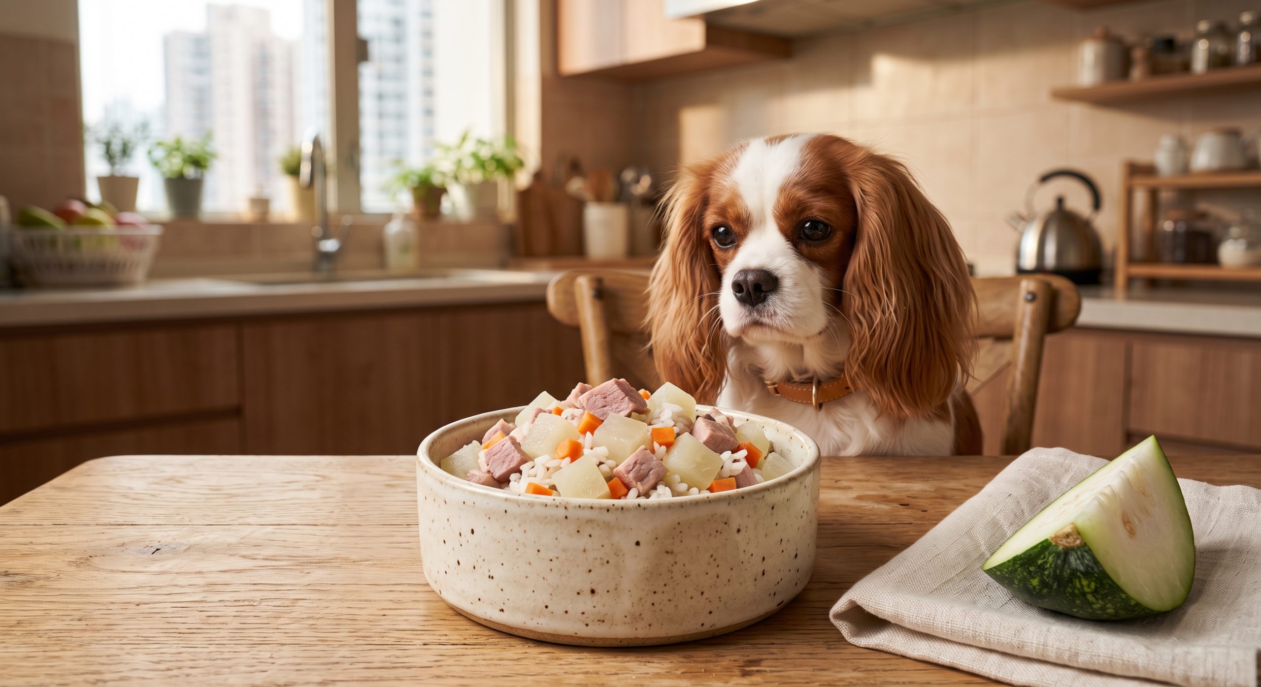 鴨肉冬瓜飯狗狗食譜 - duck winter melon rice dog food recipe with a cavalier king charles spaniel