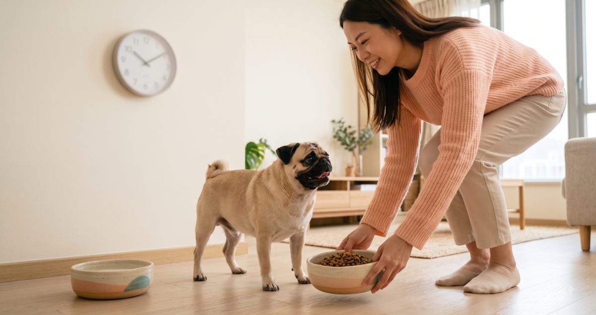 Diabetic dog daily care routine with a measured meal