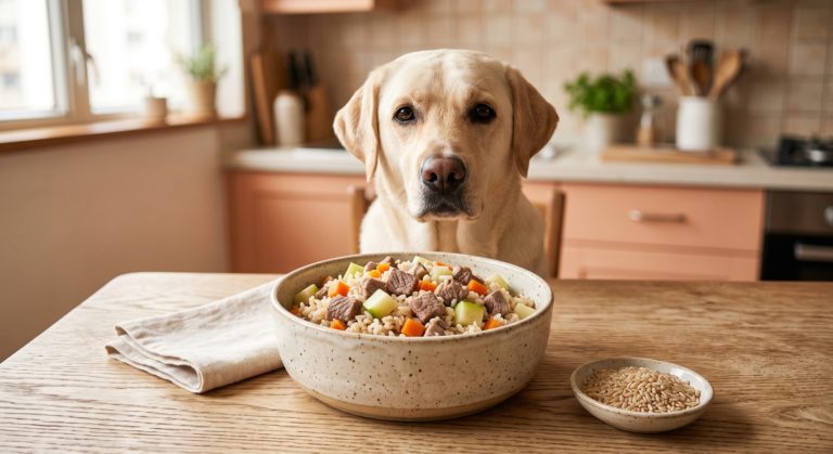 羊肉紅蘿蔔糙米狗狗食譜 - lamb carrot brown rice dog food recipe with a labrador retriever