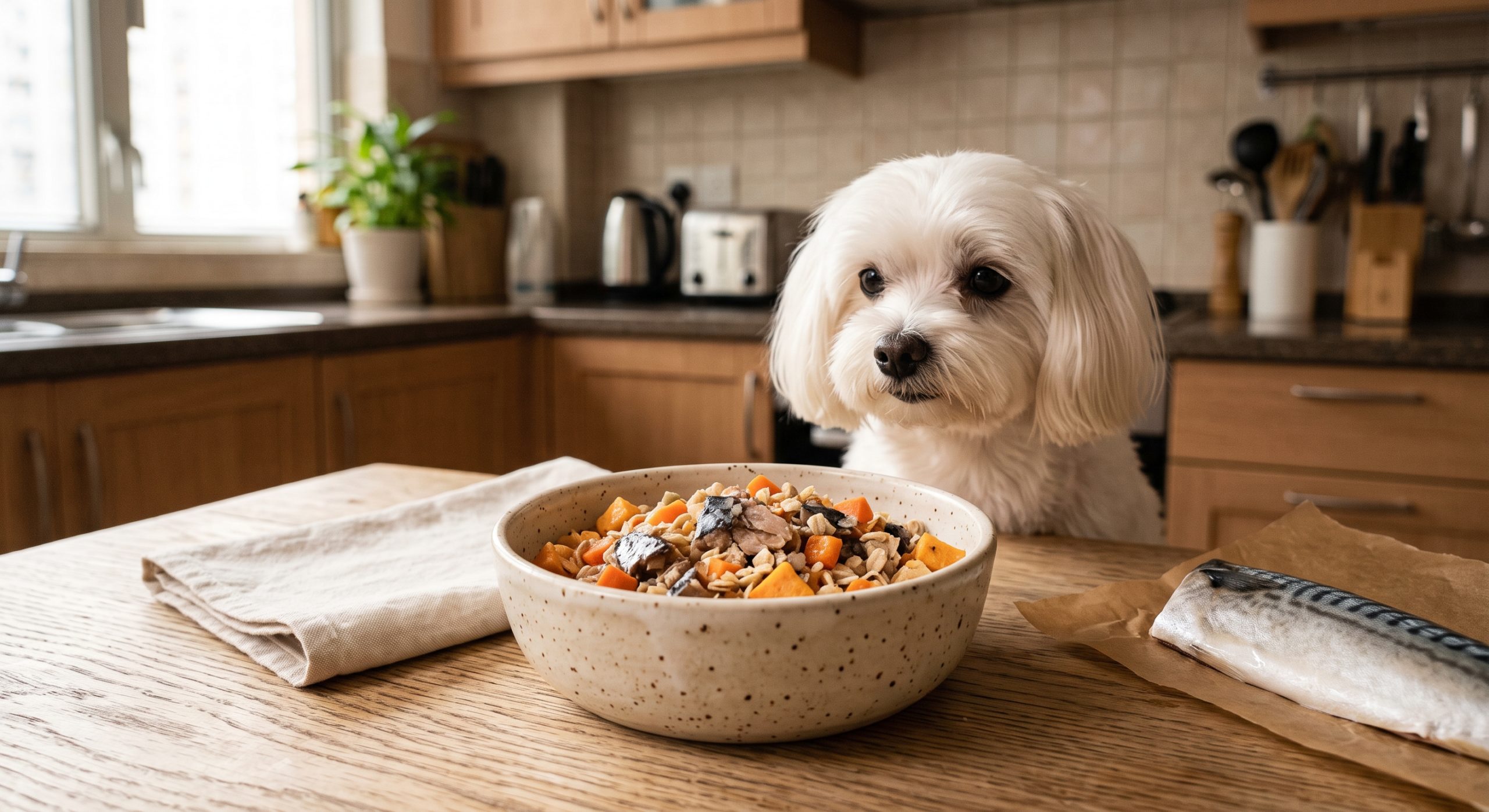 鯖魚番薯狗狗食譜 - mackerel sweet potato dog food recipe with a maltese