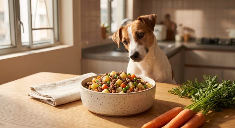 免治牛肉紅蘿蔔薯仔狗狗食譜 - minced beef carrot potato dog food recipe with a jack russell terrier