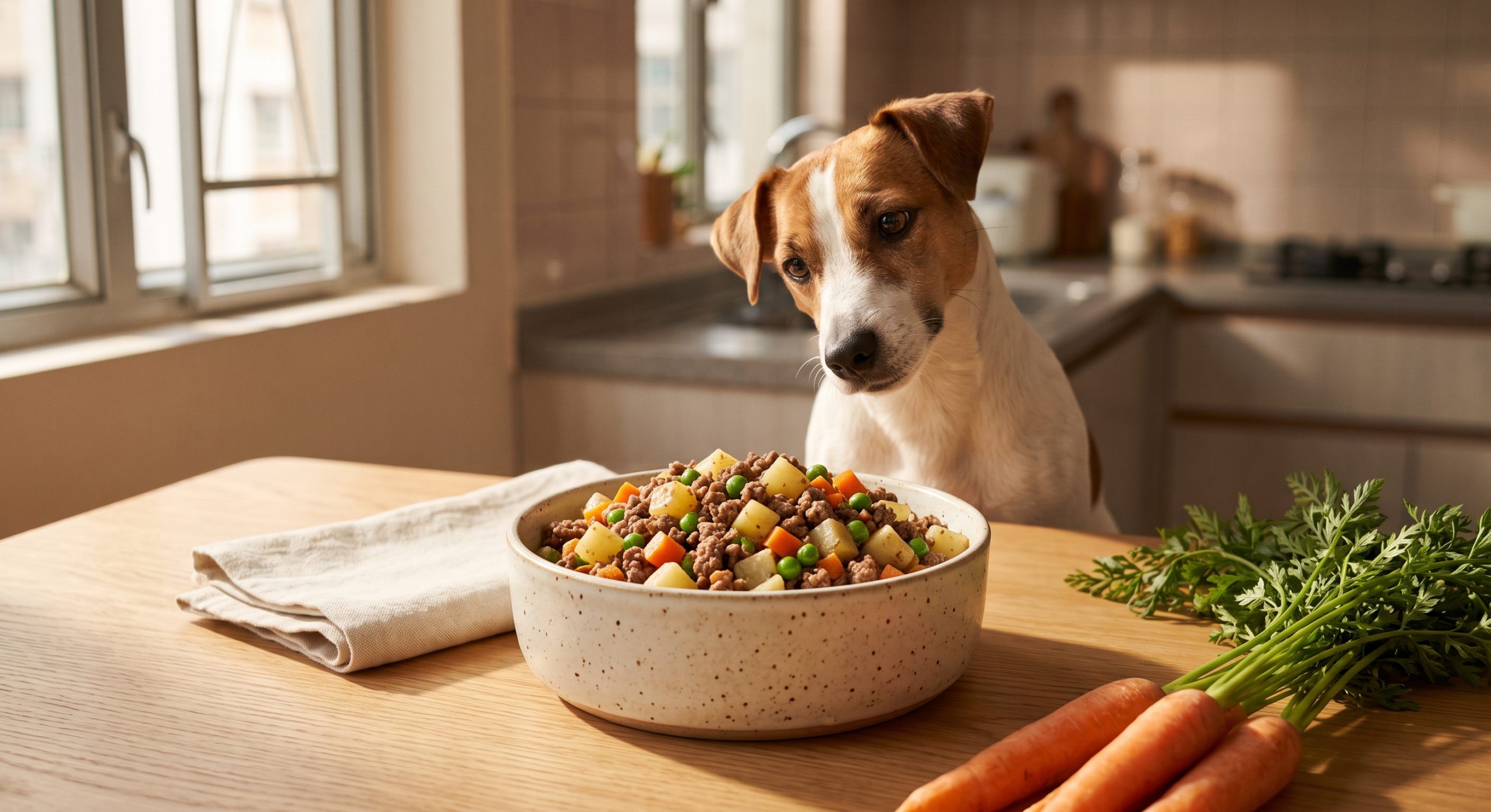 免治牛肉紅蘿蔔薯仔狗狗食譜 - minced beef carrot potato dog food recipe with a jack russell terrier