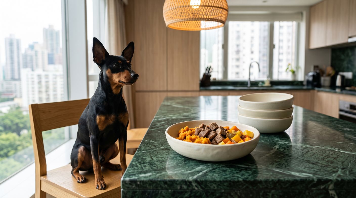 牛冧肉番薯餐（低脂長期管理） - beef round and sweet potato (low fat long term) with a miniature pinscher