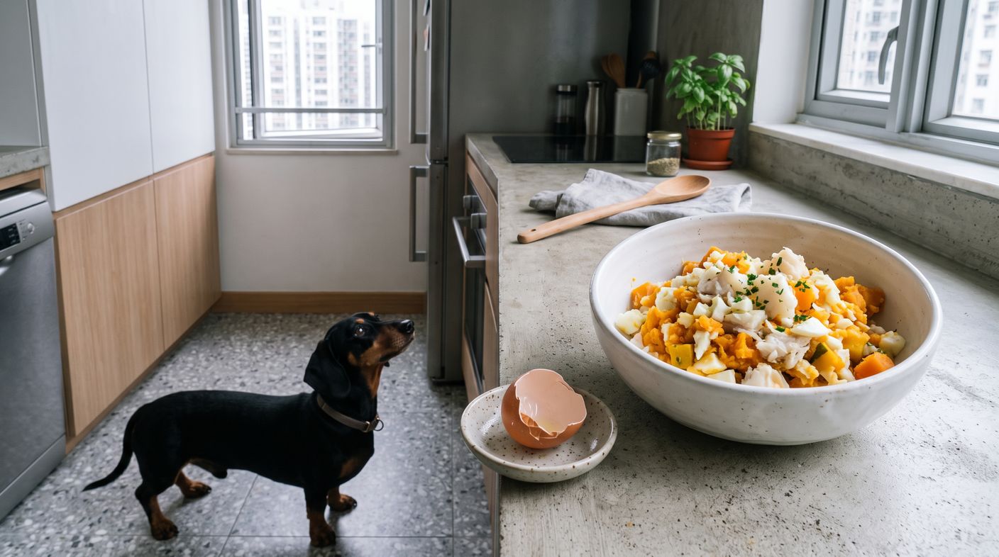 鱈魚蛋白番薯餐（胰臟炎康復期） - cod and egg white with sweet potato (pancreatitis recovery) with a dachshund
