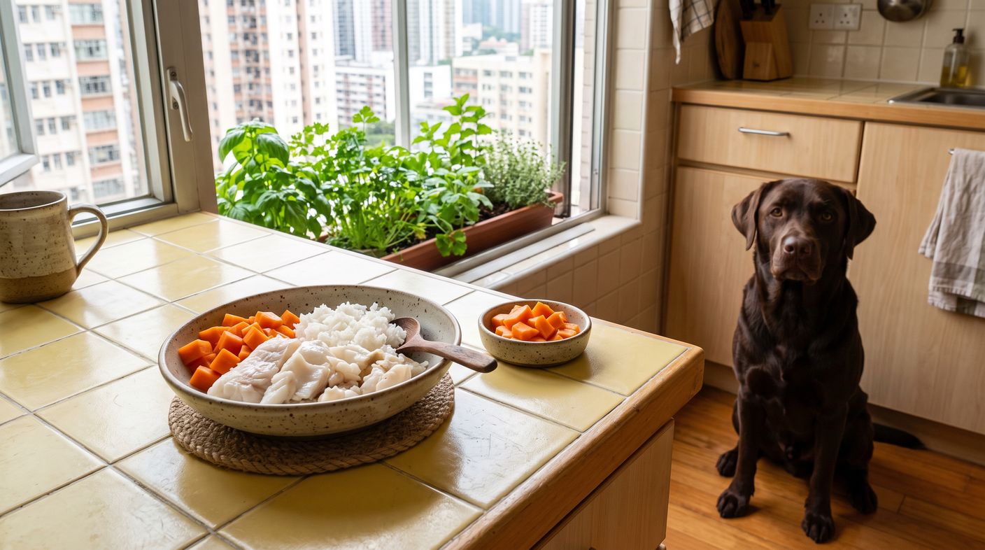 鱈魚白飯餐（低脂長期管理） - cod and rice (low fat long term) with a chocolate labrador