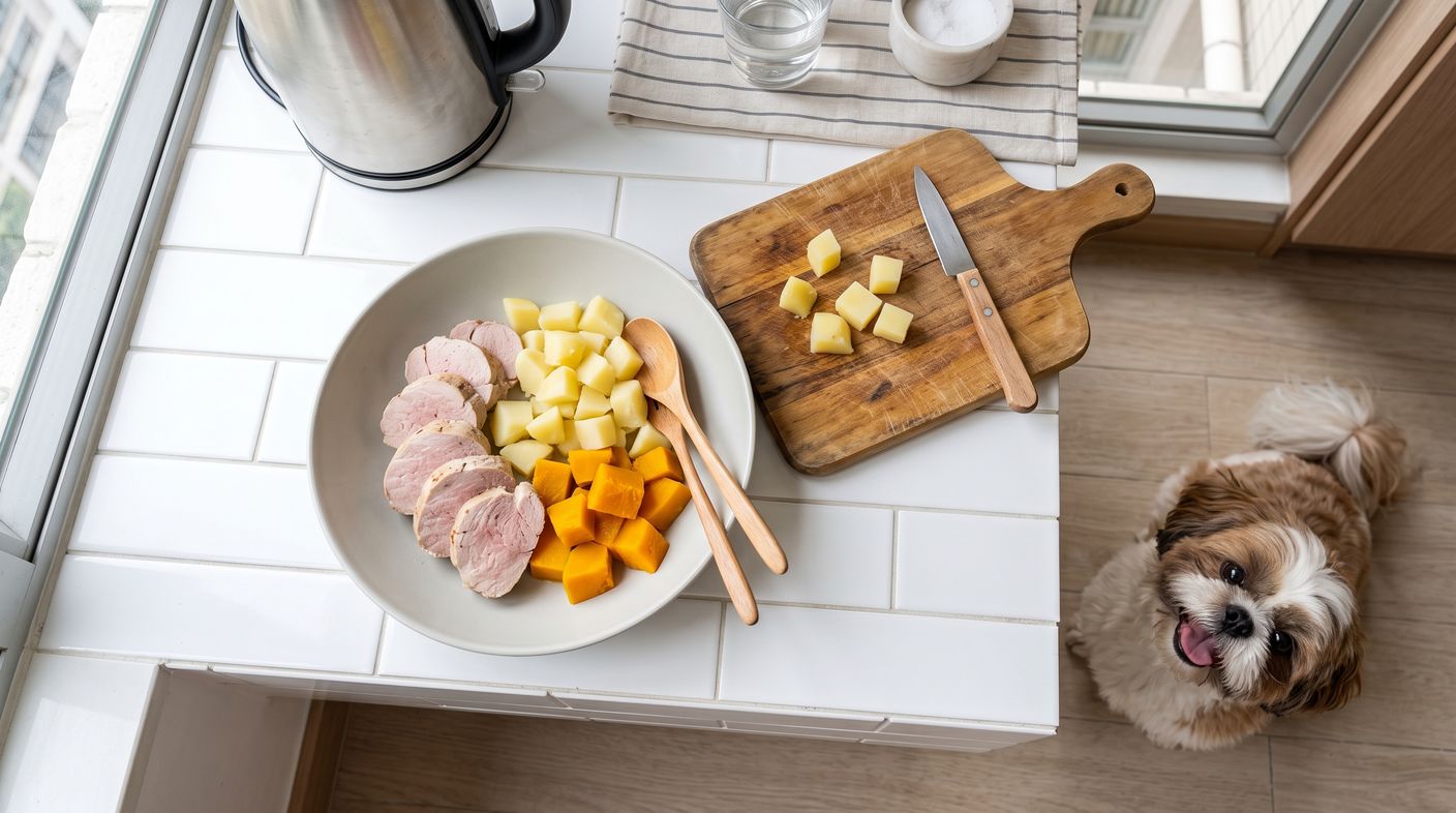 豬柳薯仔餐（低脂長期管理） - pork tenderloin and potato (low fat long term) with a shih tzu
