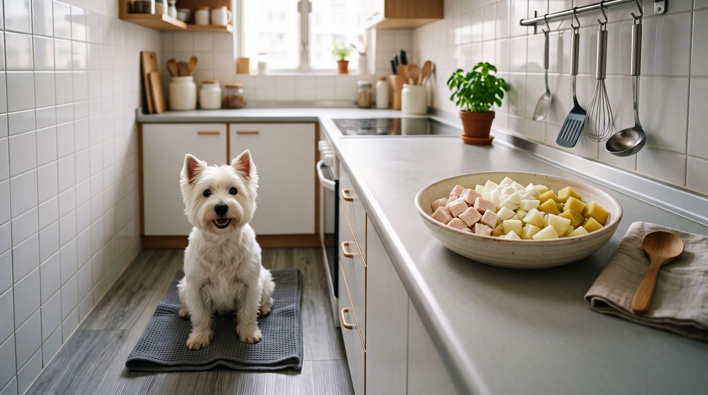 火雞蛋白薯仔餐（胰臟炎康復期） - turkey and egg white with potato (pancreatitis recovery) with a west highland white terrier