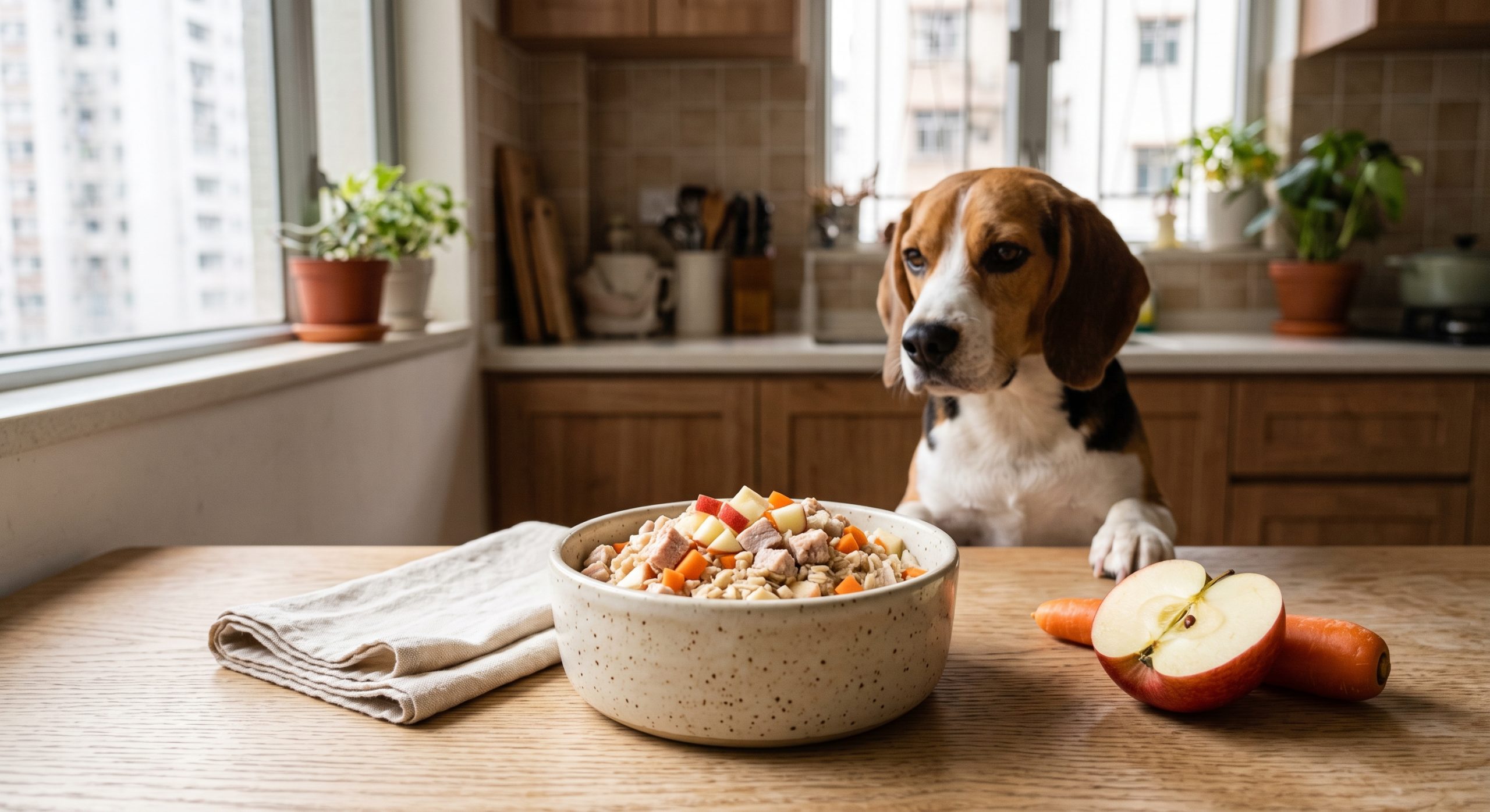 豬肉蘋果燕麥狗狗食譜 - pork apple oat dog food recipe with a beagle