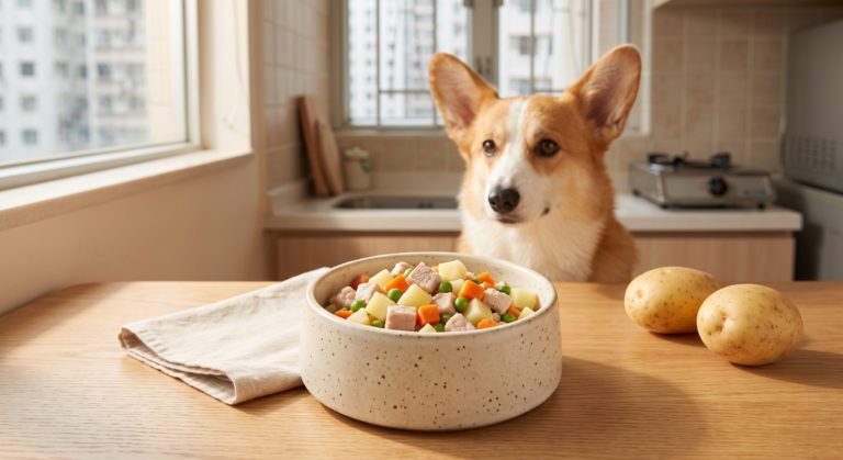 豬肉薯仔狗狗食譜 - pork potato dog food recipe with a corgi