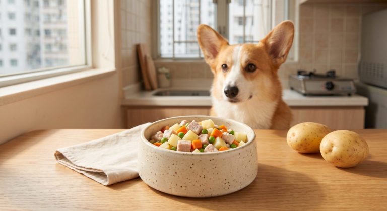 豬肉薯仔狗狗食譜 - pork potato dog food recipe with a corgi
