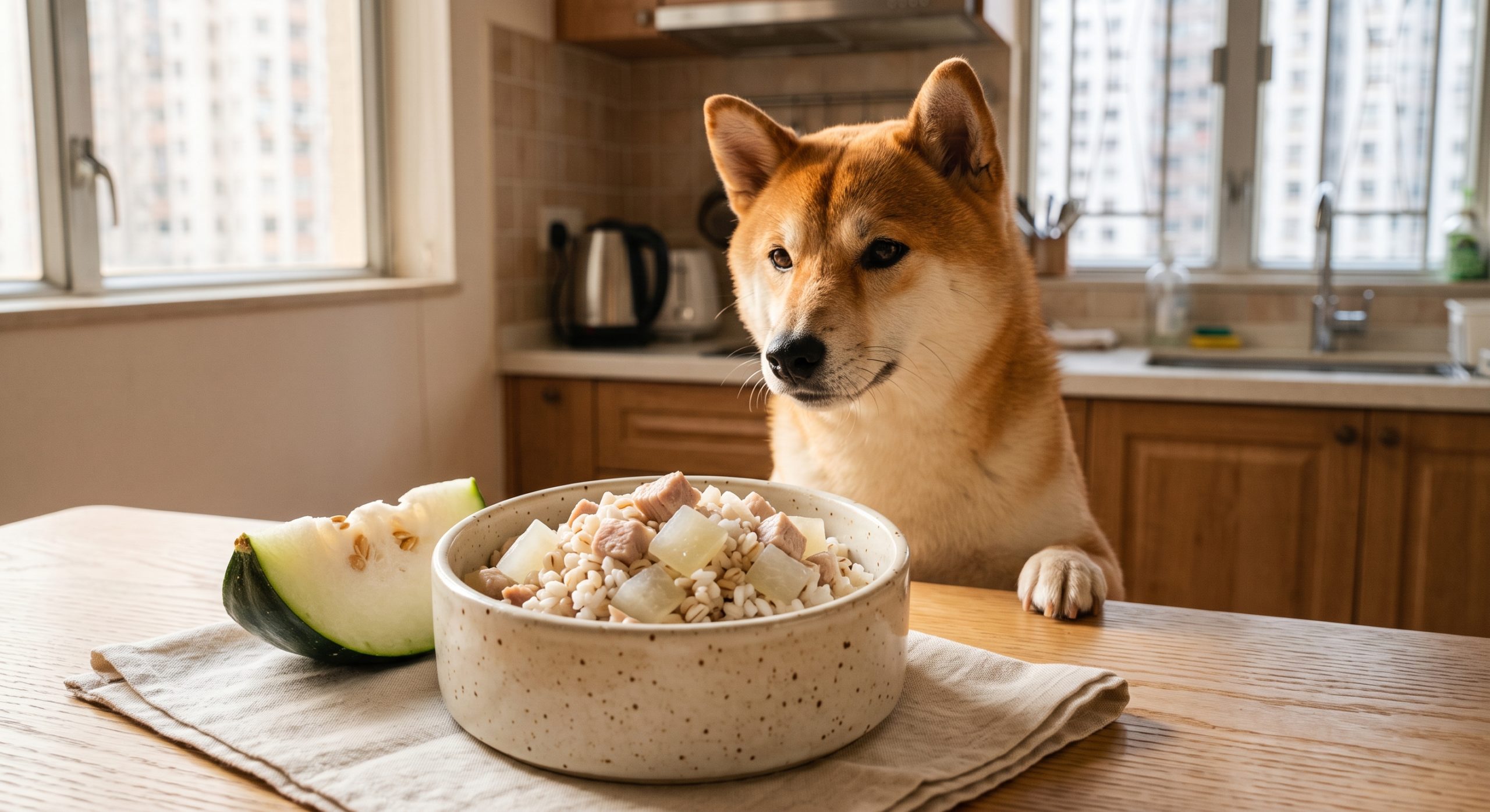 豬肉冬瓜薏米狗狗食譜 - pork winter melon barley dog food recipe with a shiba inu