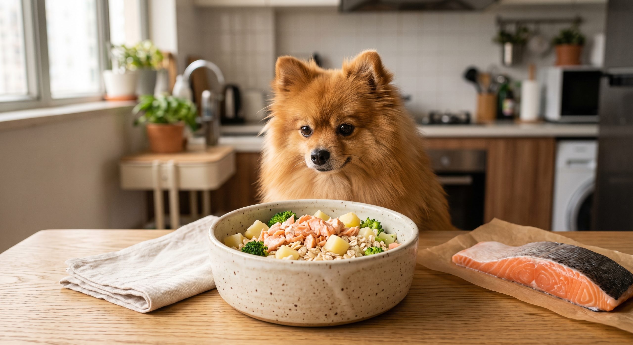 三文魚薯仔狗狗食譜 - salmon potato dog food recipe with a pomeranian