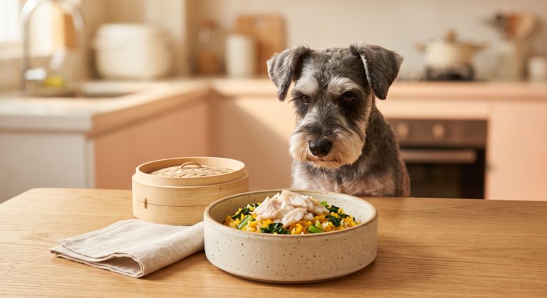蒸鱸魚南瓜飯狗狗食譜 - steamed seabass pumpkin rice dog food recipe with a miniature schnauzer