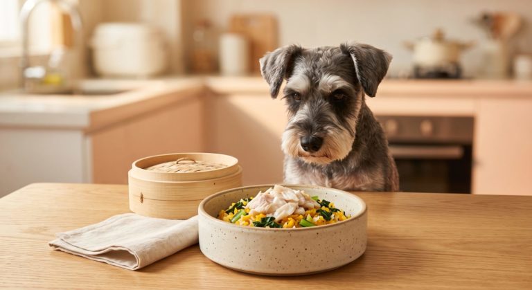 蒸鱸魚南瓜飯狗狗食譜 - steamed seabass pumpkin rice dog food recipe with a miniature schnauzer